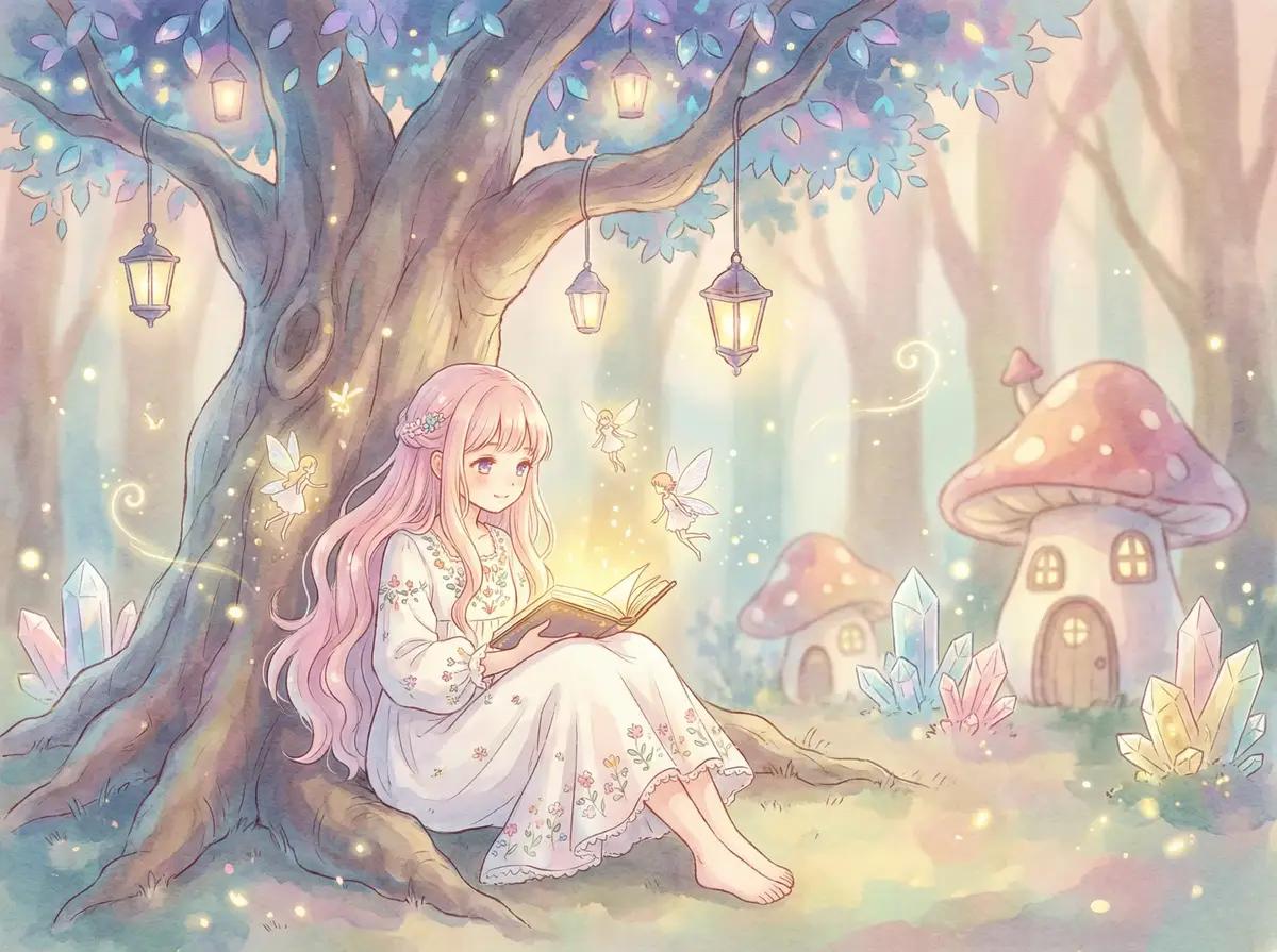 site www.zhihu.com - 魔法森林中阅读故事书的粉发少女与精灵
